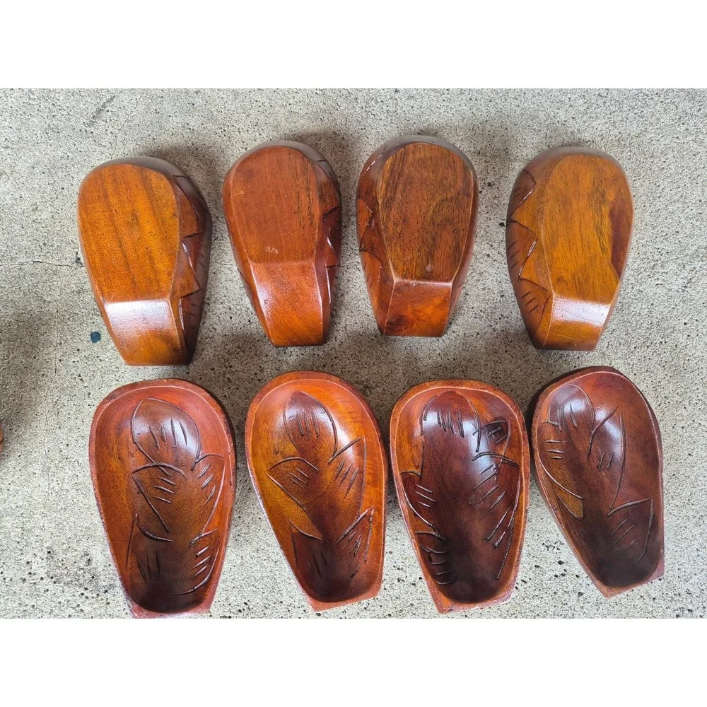 Vintage Hand Carved Wood Snack Serving‎ Set Tray Bowls Mid Century Boho